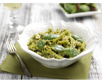 Green pea fusilli with robiola cheese and lemon